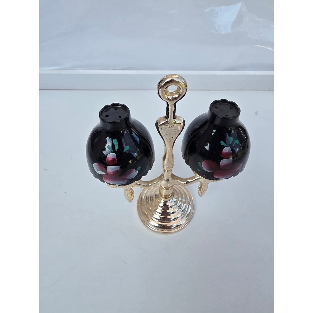 Vintage Hand Painted Black Floral Salt and Pepper Shakers with Gold Tone Caddy